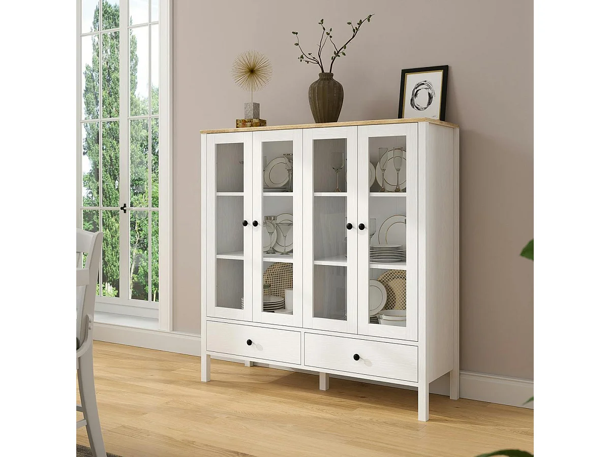 Buffet vaisselier blanc, 4 portes vitrées 2 tiroirs SALTA