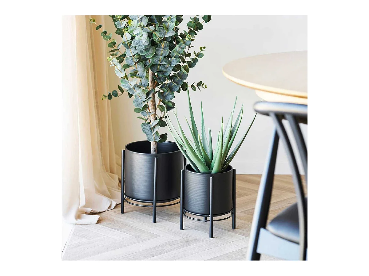 Lot de 2 Cache-Pots ronds sur Pieds en Métal noir - MAYAN