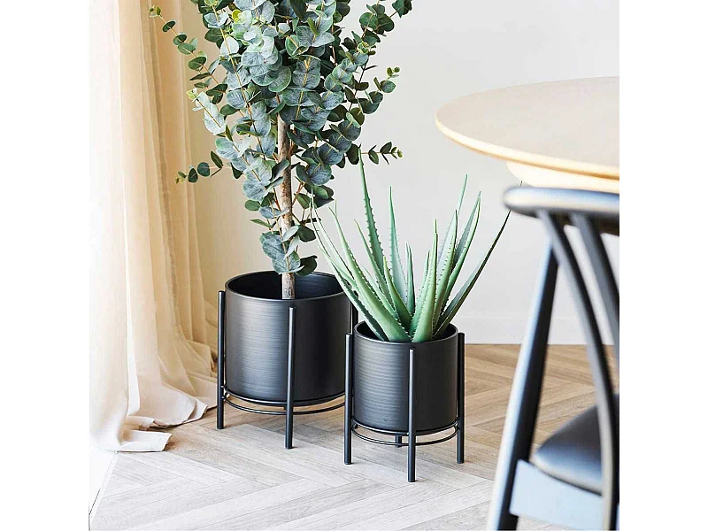 Lot de 2 Cache-Pots ronds sur Pieds en Métal noir - MAYAN