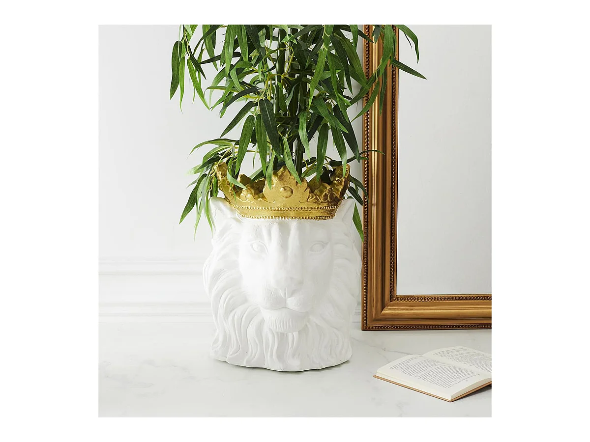 Cache-Pot Tête de Lion Blanche Couronne Dorée - MAJESTY