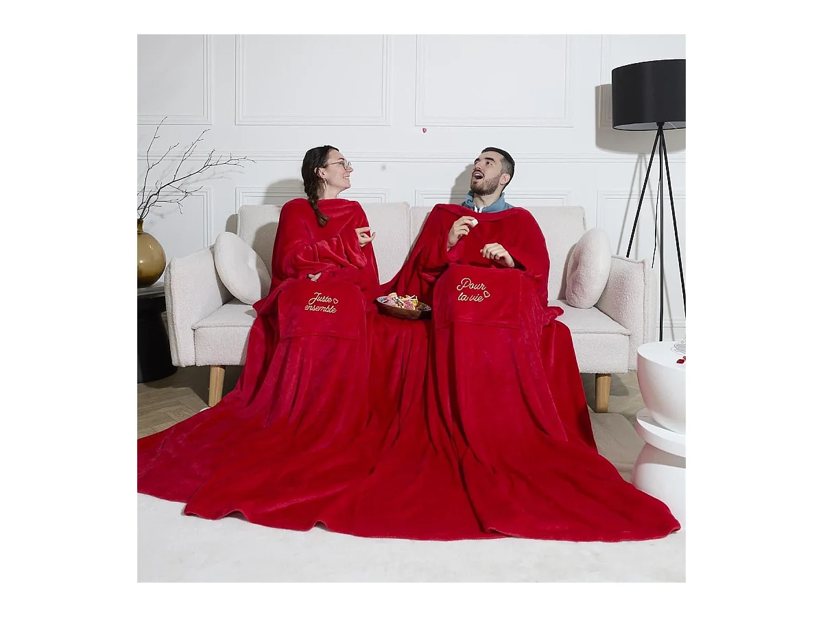 Plaid à manches double XXL (254x200cm) "pour la vie" en polyester ultra doux coloris rouge