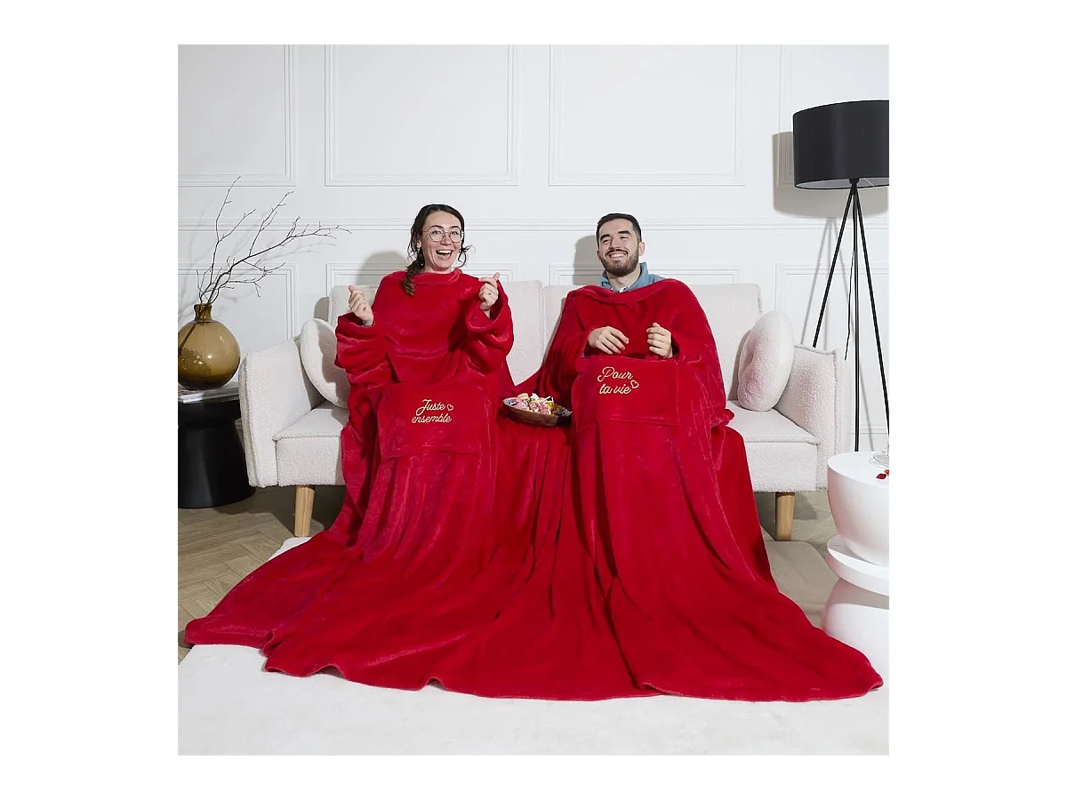 Plaid à manches double XXL (254x200cm) "pour la vie" en polyester ultra doux coloris rouge