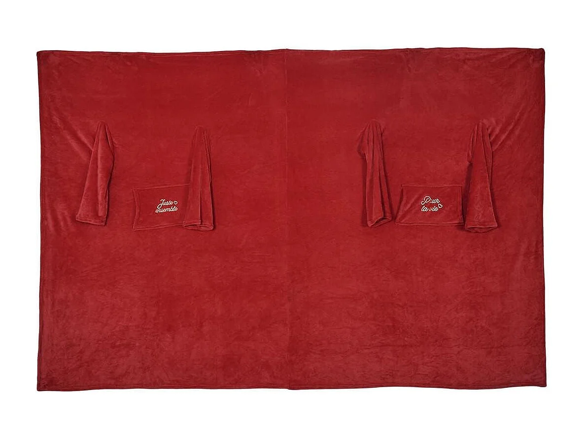 Plaid à manches double XXL (254x200cm) "pour la vie" en polyester ultra doux coloris rouge