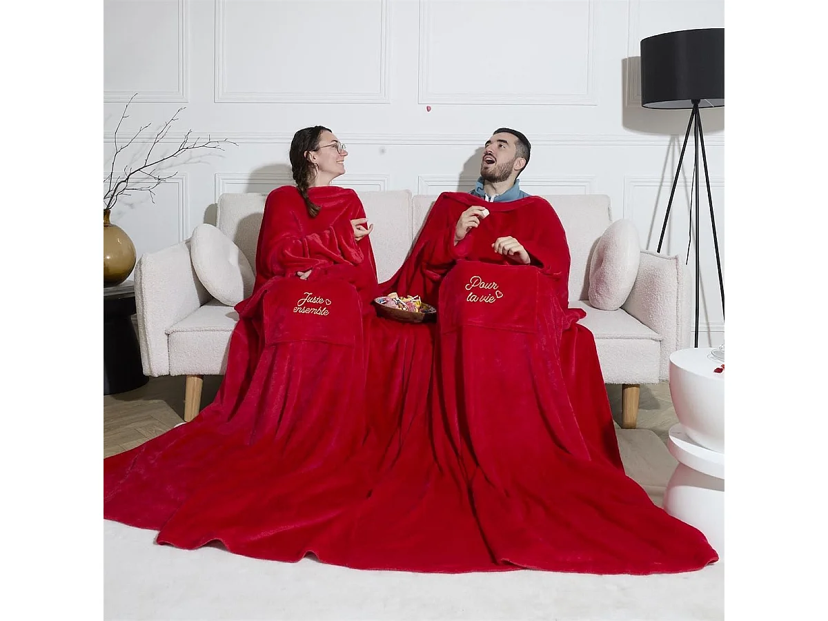 Plaid à manches double XXL (254x200cm) "pour la vie" en polyester ultra doux coloris rouge