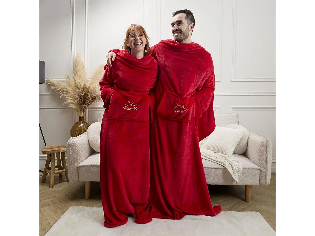 Plaid à manches double XXL (254x200cm) "pour la vie" en polyester ultra doux coloris rouge