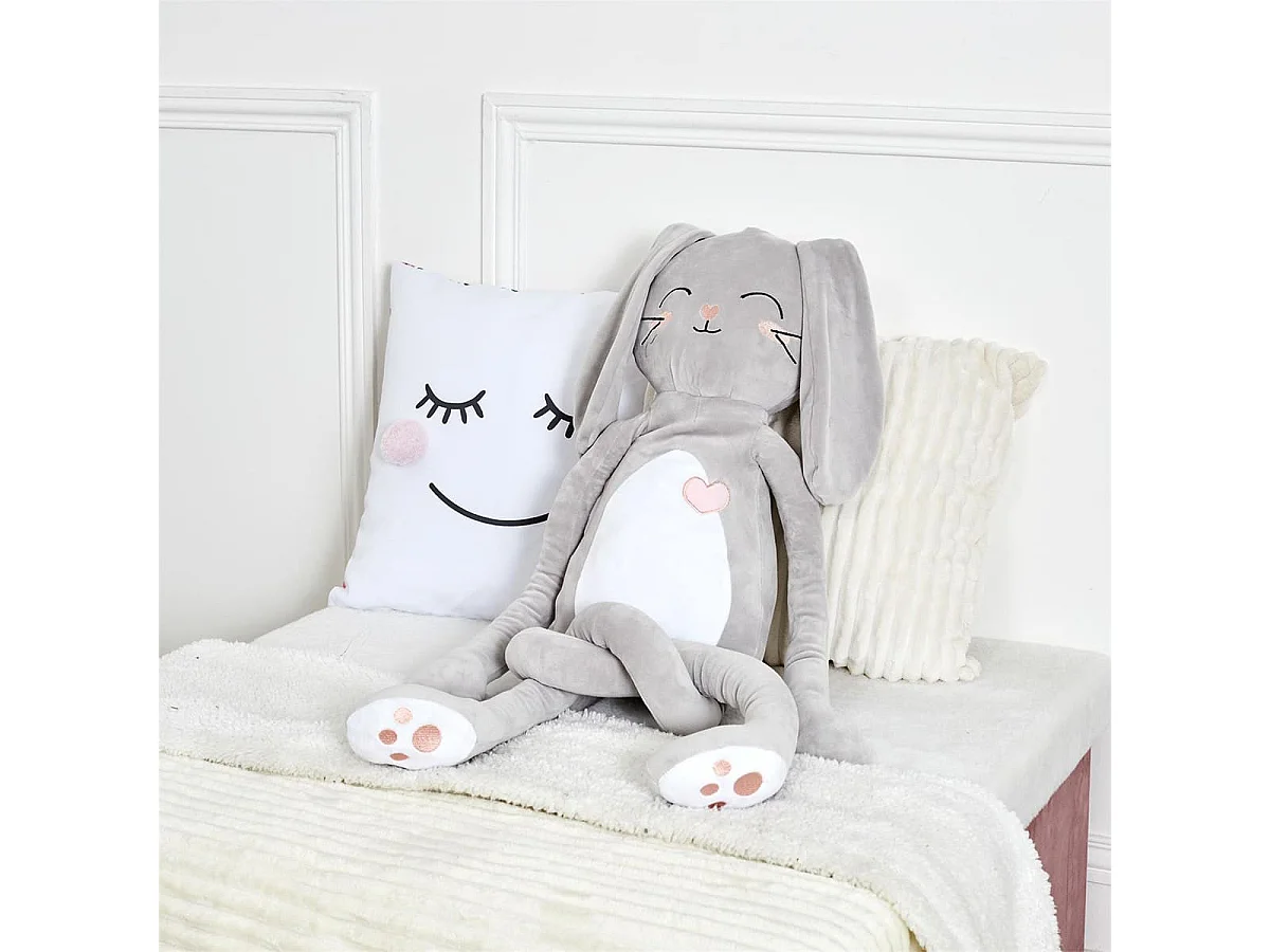 Coussin Peluche Lapin à Longues Pattes Gris et Blanc - OGGY