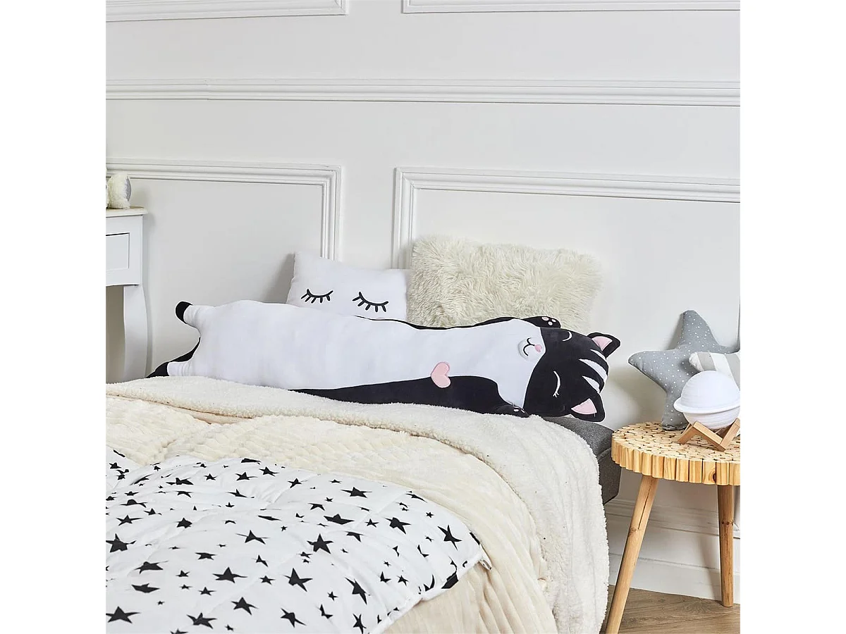 Coussin Peluche Allongé Chat Noir et Blanc 100cm - TOM