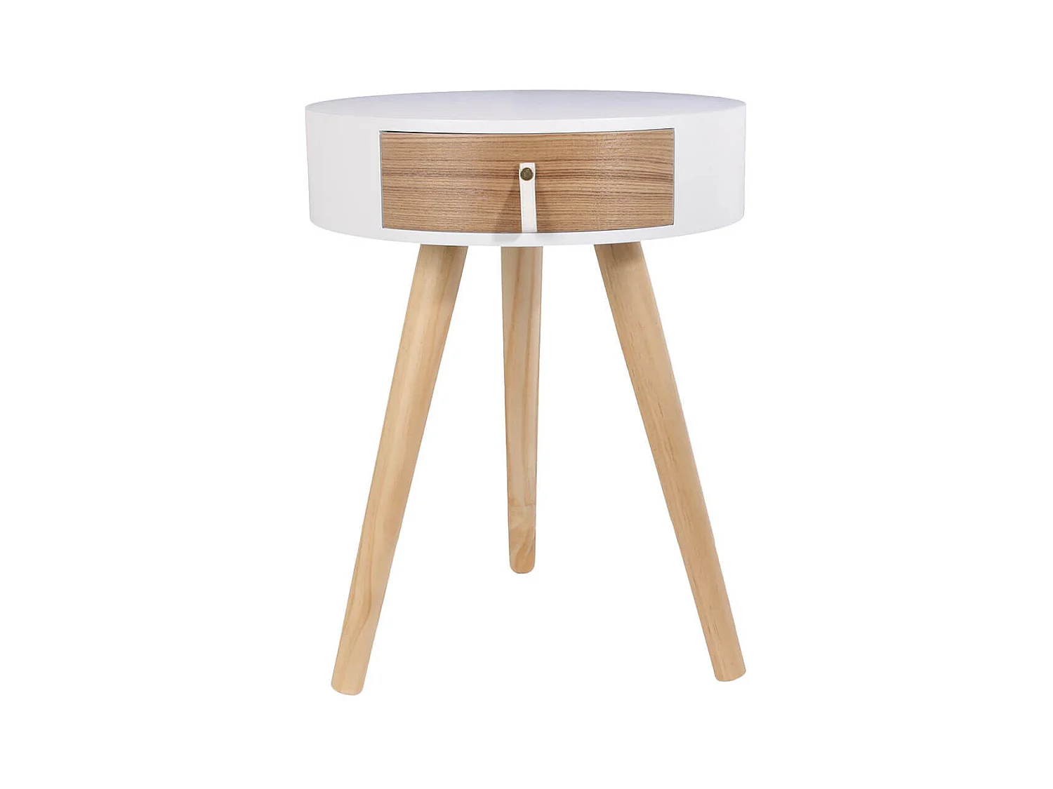 Chevet Rond 1 Tiroir Blanc et Effet Bois Style Scandinave Vintage - MEALIA