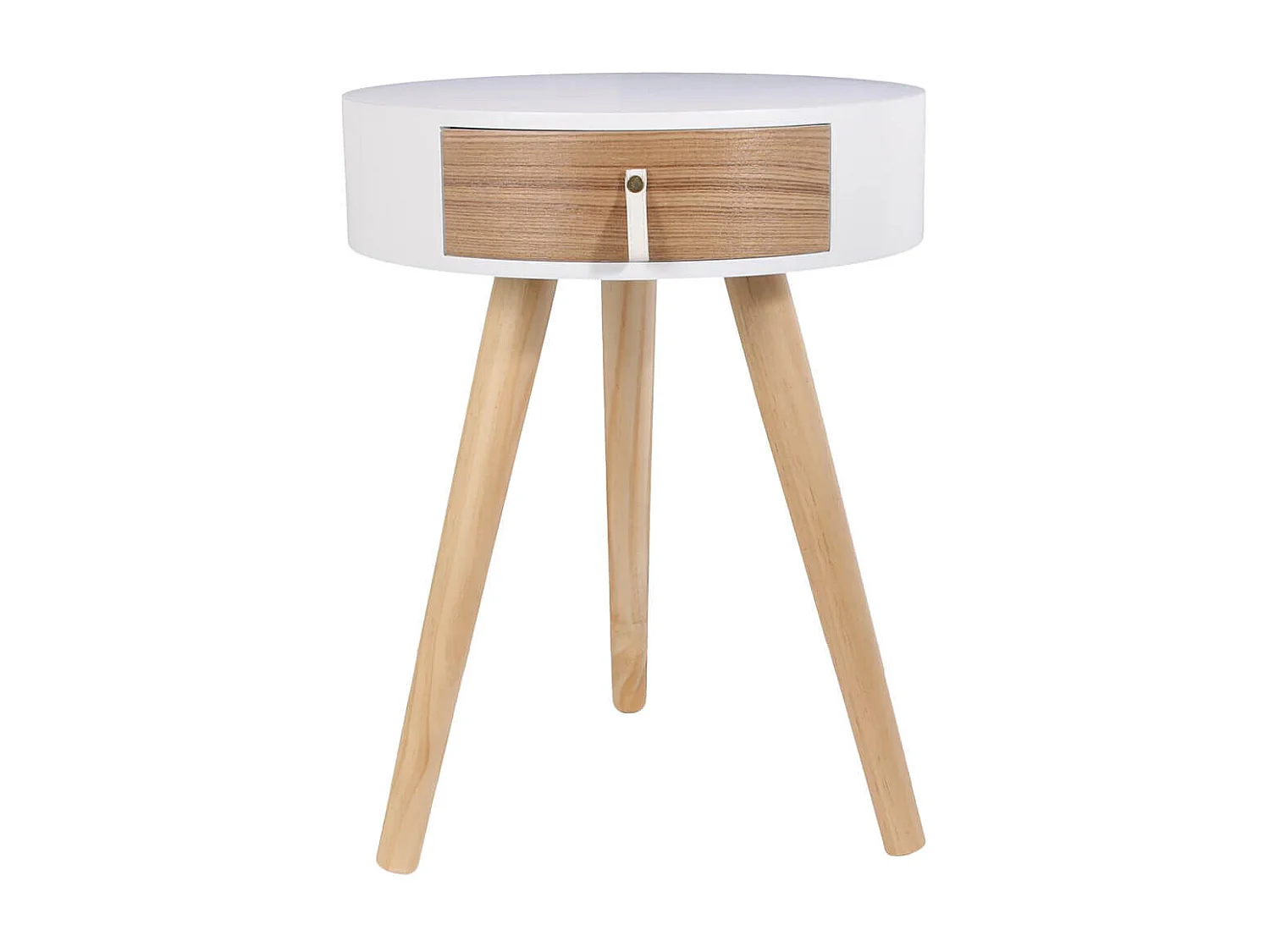 Chevet Rond 1 Tiroir Blanc et Effet Bois Style Scandinave Vintage - MEALIA