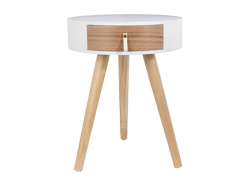 Chevet Rond 1 Tiroir Blanc et Effet Bois Style Scandinave Vintage - MEALIA
