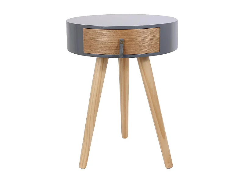 Chevet Rond 1 Tiroir Gris et Effet Bois Style Scandinave Vintage - MEALIA