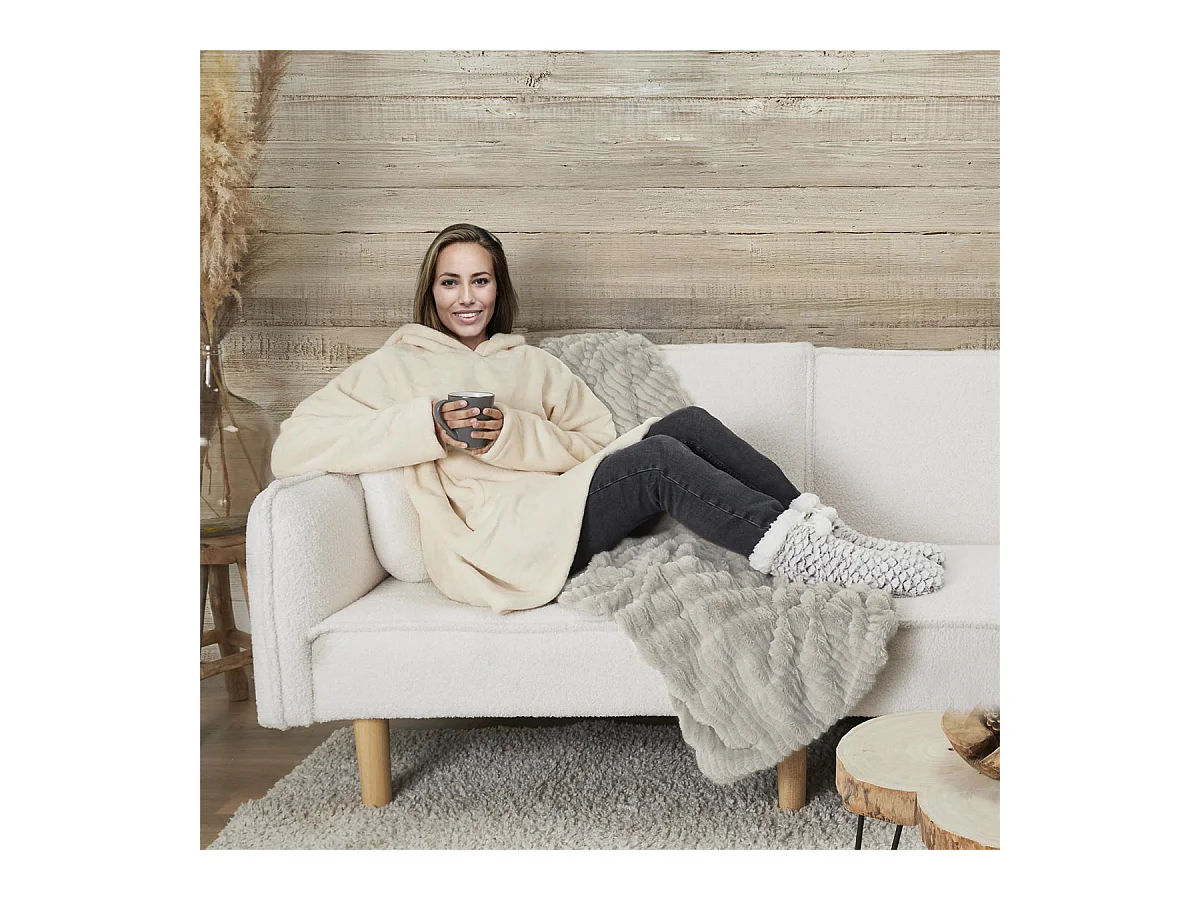 Sweat à Capuche Plaid Ultra Doux Beige Intérieur Sherpa - SANJI