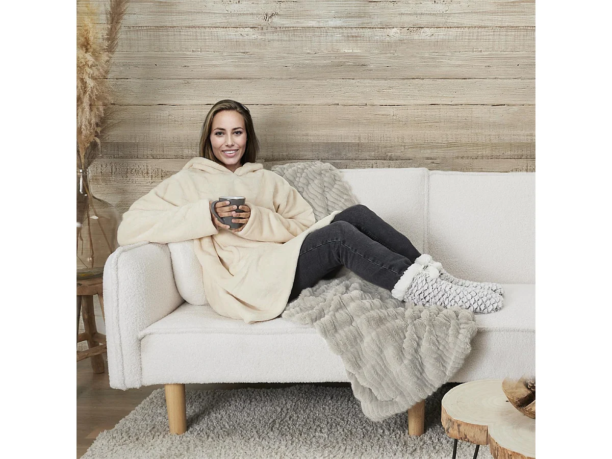 Sweat à Capuche Plaid Ultra Doux Beige Intérieur Sherpa - SANJI