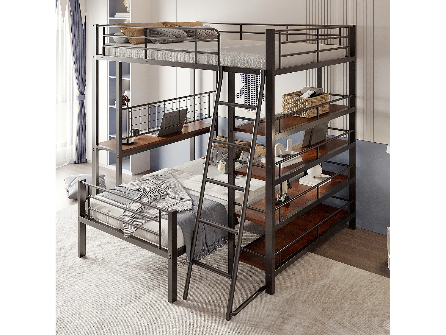 Lit superposé 90/140x200 cm avec rangement, lit mezzanine , 2 sommiers, MDF et métal, noir, sans matelas