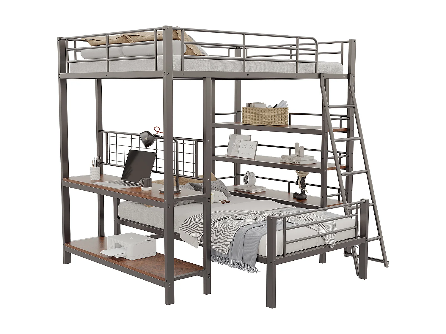 Lit superposé 90/140x200 cm avec rangement, lit mezzanine , 2 sommiers, MDF et métal, noir, sans matelas