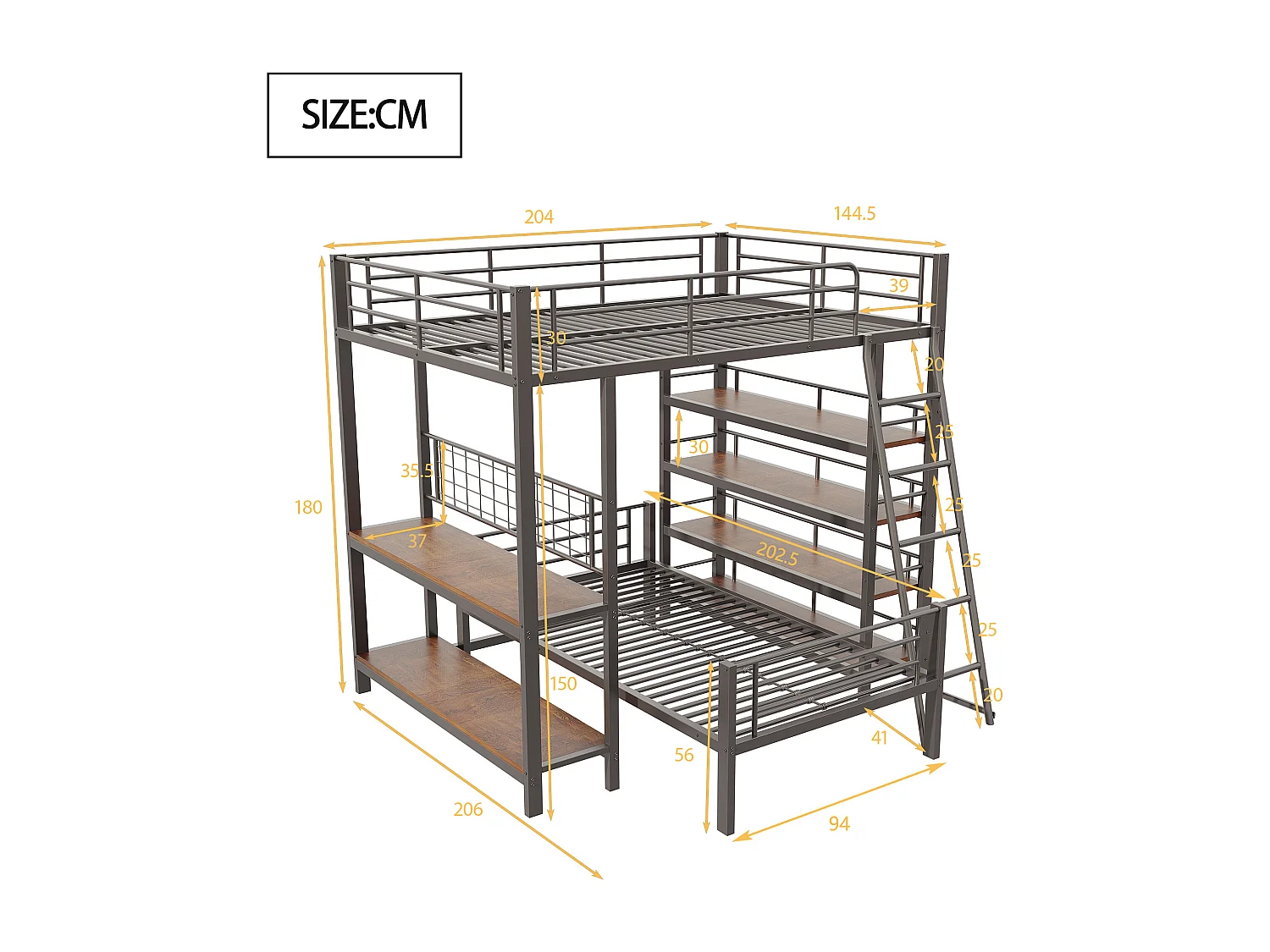 Lit superposé 90/140x200 cm avec rangement, lit mezzanine , 2 sommiers, MDF et métal, noir, sans matelas