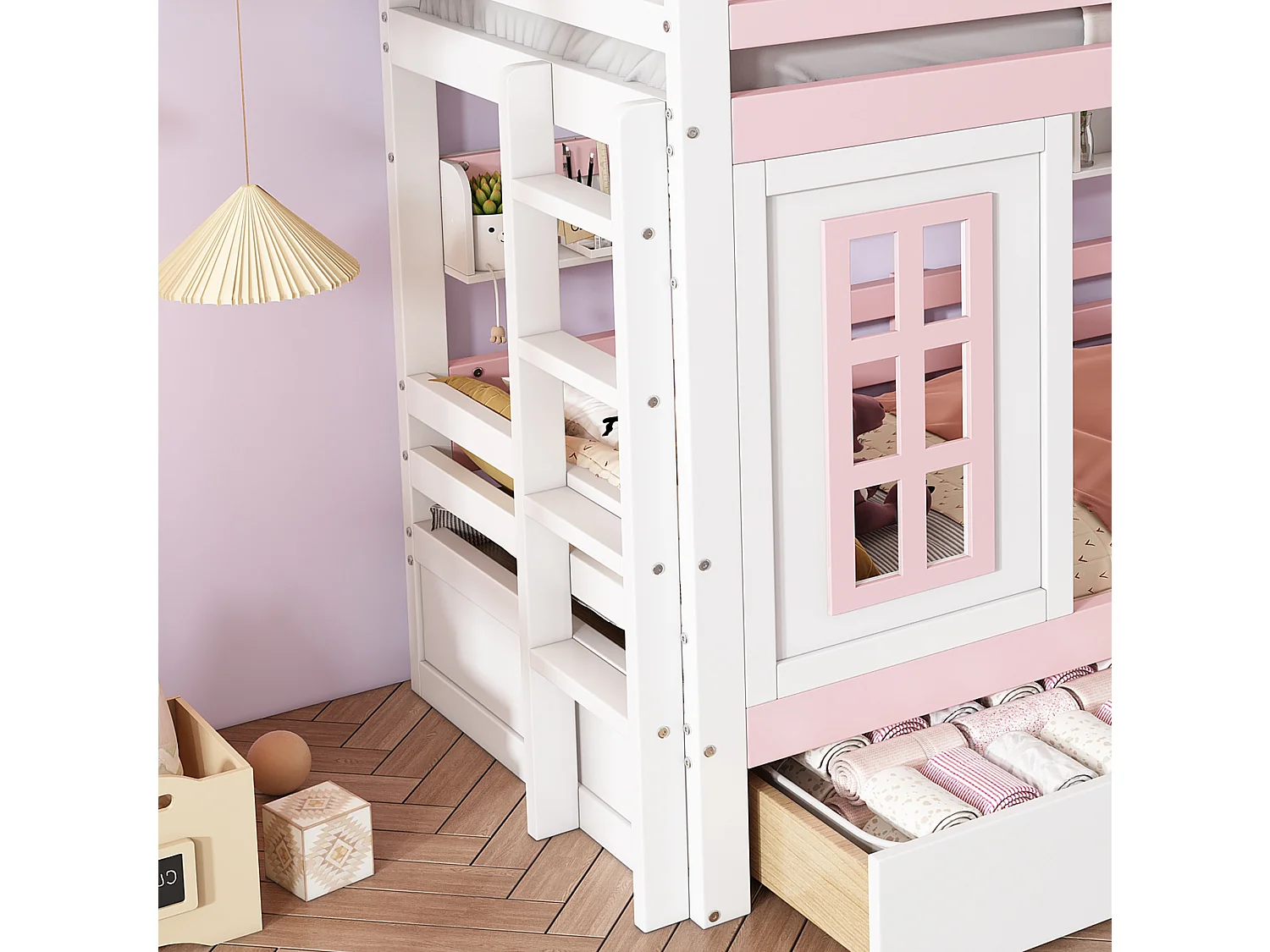 Lit superposé enfant 90x200 cm, barrière de sécurité, rangement, pin et MDF, blanc et rose, sans matelas
