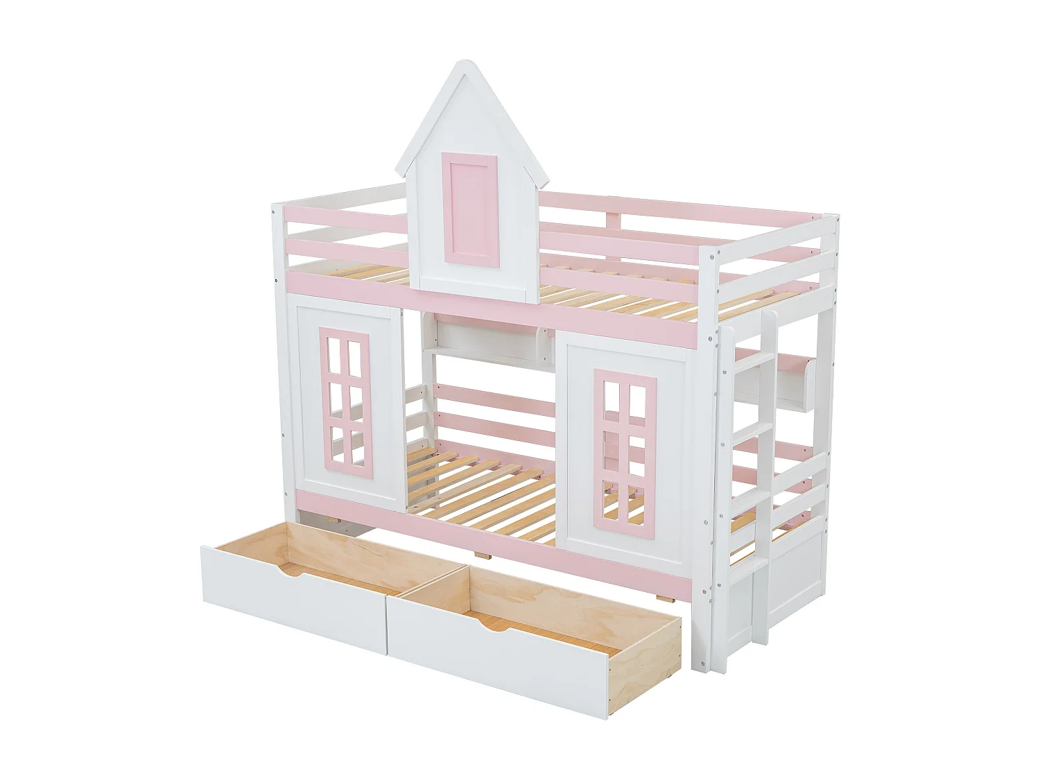 Lit superposé enfant 90x200 cm, barrière de sécurité, rangement, pin et MDF, blanc et rose, sans matelas