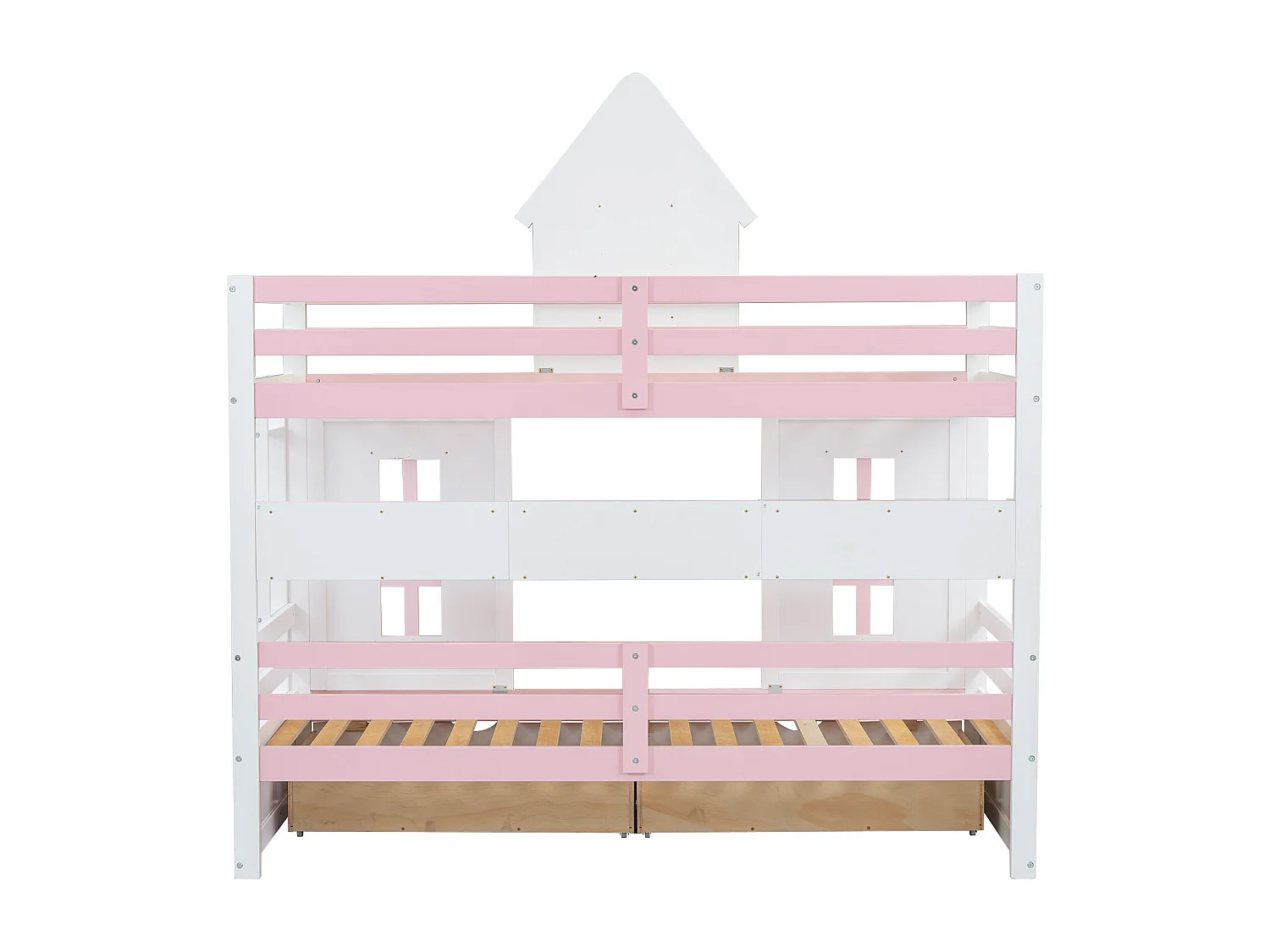Lit superposé enfant 90x200 cm, barrière de sécurité, rangement, pin et MDF, blanc et rose, sans matelas