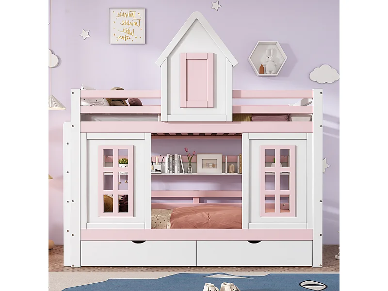Lit superposé enfant 90x200 cm, barrière de sécurité, rangement, pin et MDF, blanc et rose, sans matelas