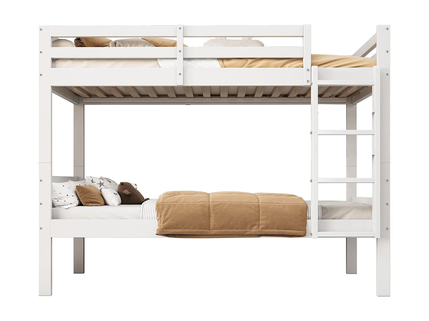 Lit superposé 90x200 cm, protection anti-chute, divisé en 2 lits simples, pin et bois, blanc, sans matelas