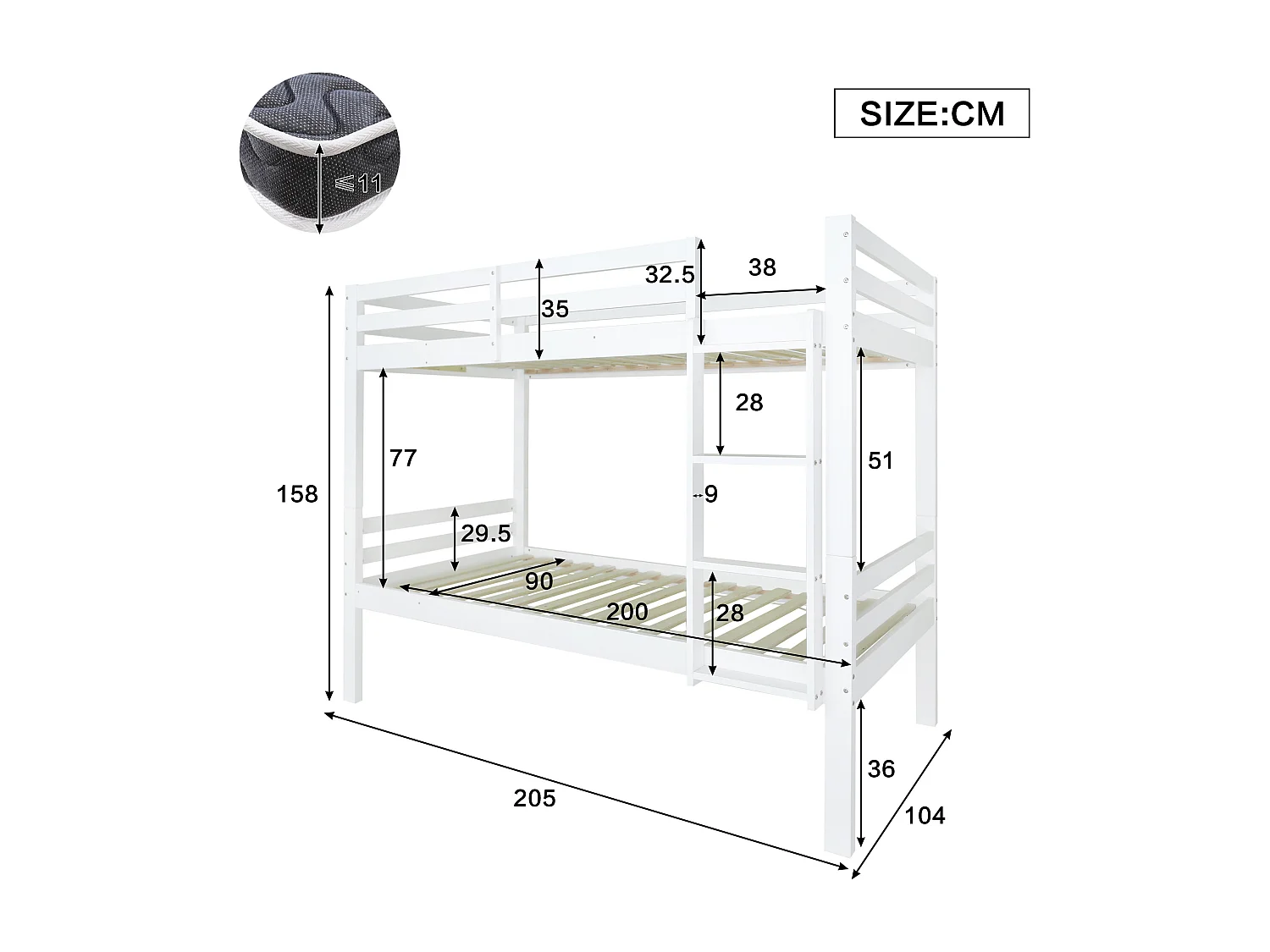 Kinderstapelbed - 90x200 - Hoogslaper Met 3-Traps Rechte Ladder - Veiligheidshek En Multifunctioneel - Hout - Wit
