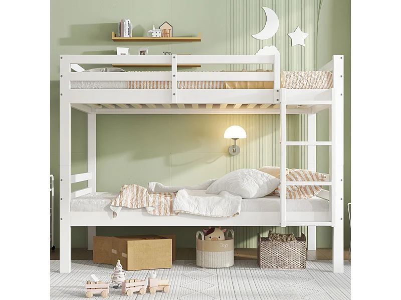 Lit superposé 90x200 cm, protection anti-chute, divisé en 2 lits simples, pin et bois, blanc, sans matelas