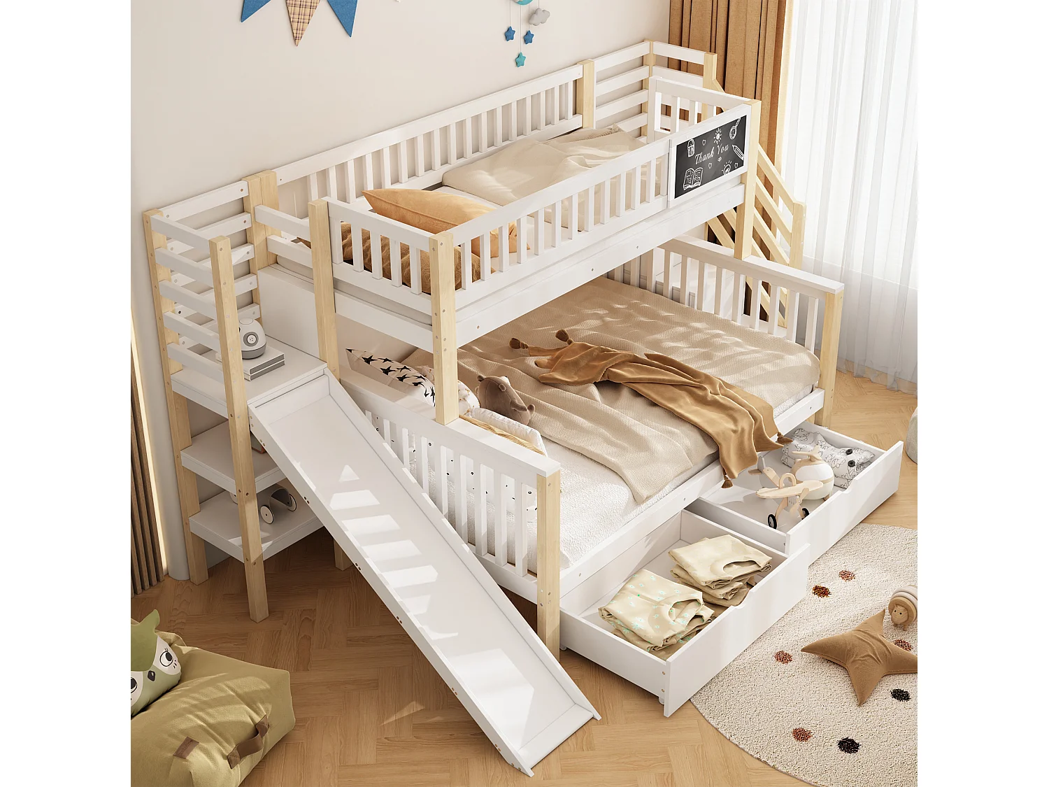 Lit superposé 90/140x200cm pour enfants avec rangement et toboggan, pin, blanc et naturel, sans matelas