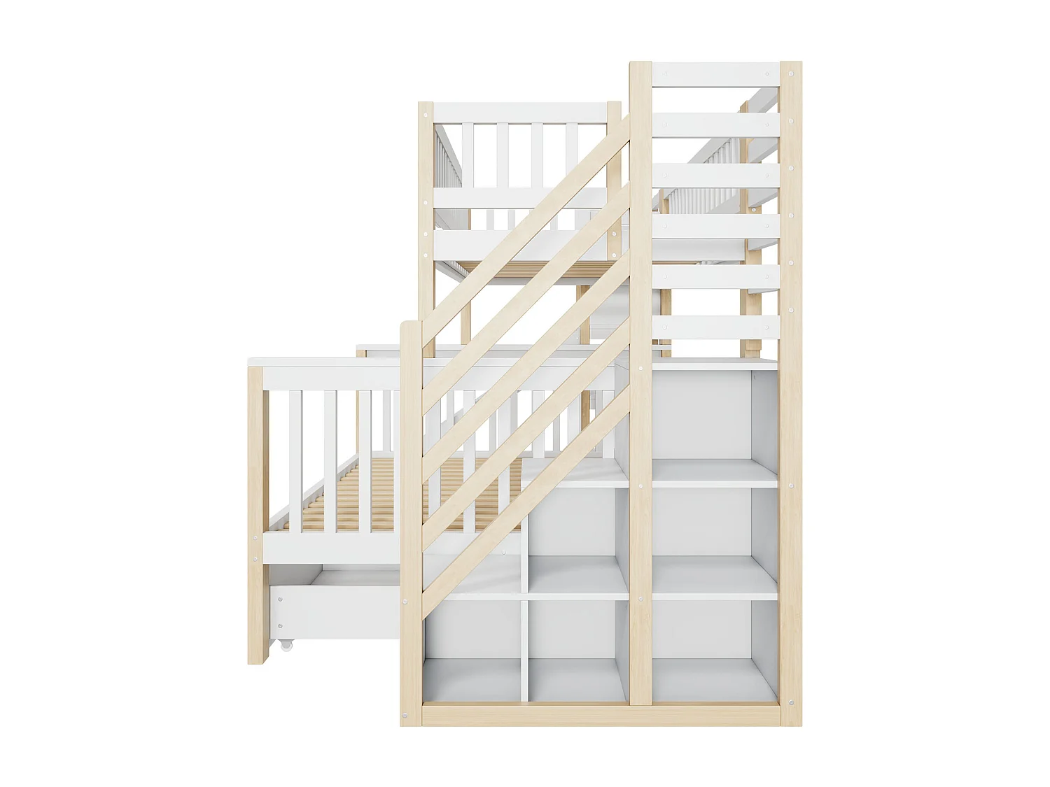 Lit superposé 90/140x200cm pour enfants avec rangement et toboggan, pin, blanc et naturel, sans matelas