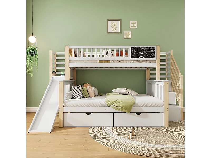 Lit superposé 90/140x200cm pour enfants avec rangement et toboggan, pin, blanc et naturel, sans matelas