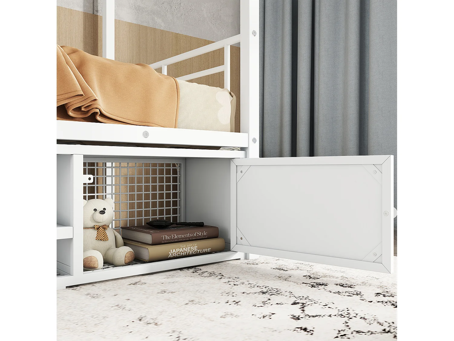 lit superposé 2x90x200cm, lit en métal avec escalier, 2 niches, rangement pour chaussures, blanc, sans matelas