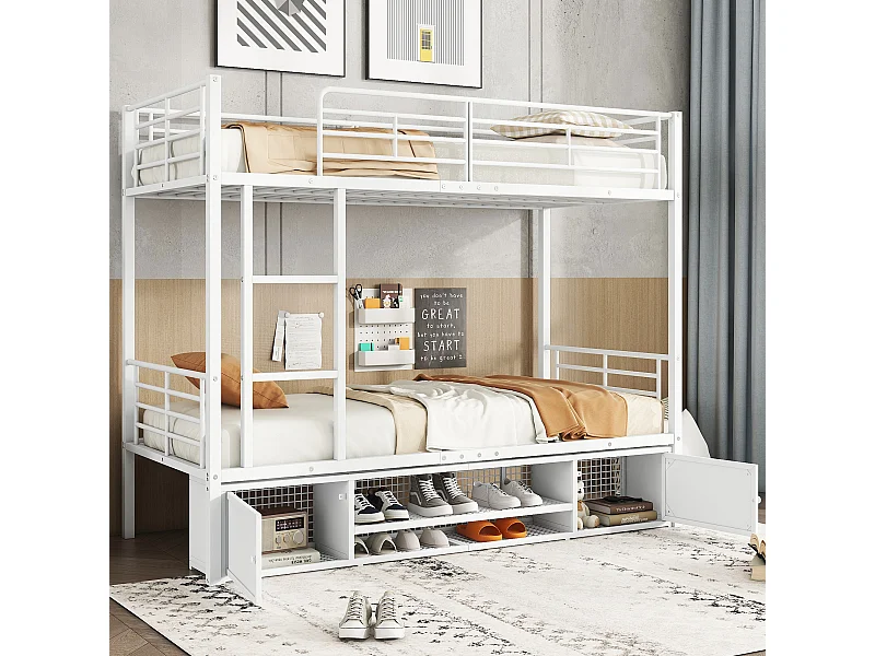 lit superposé 2x90x200cm, lit en métal avec escalier, 2 niches, rangement pour chaussures, blanc, sans matelas