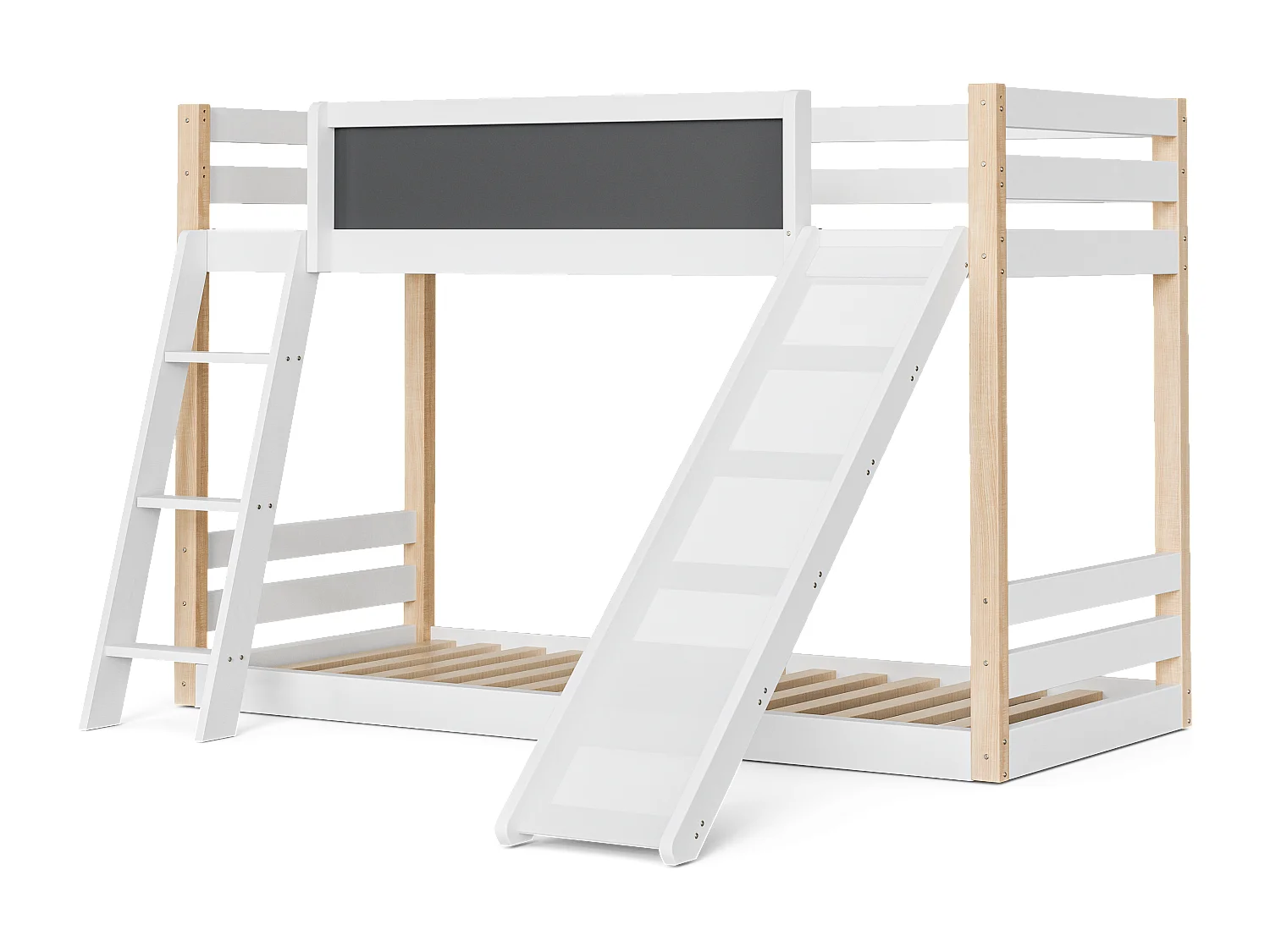 Lit superposé enfant 90x200 cm, 2 sommiers, bois et panneaux de particules, blanc et naturel, sans matelas