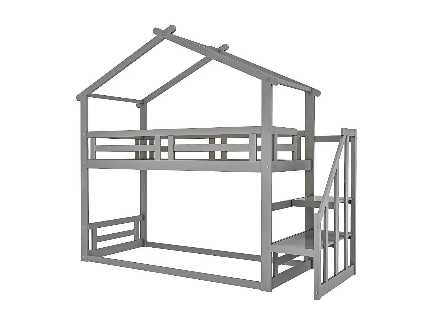 Lit superposé enfant 90x200 cm, lit cabane, échelle, 1 sommier, Pin, contreplaqué, MDF, gris, sans matelas