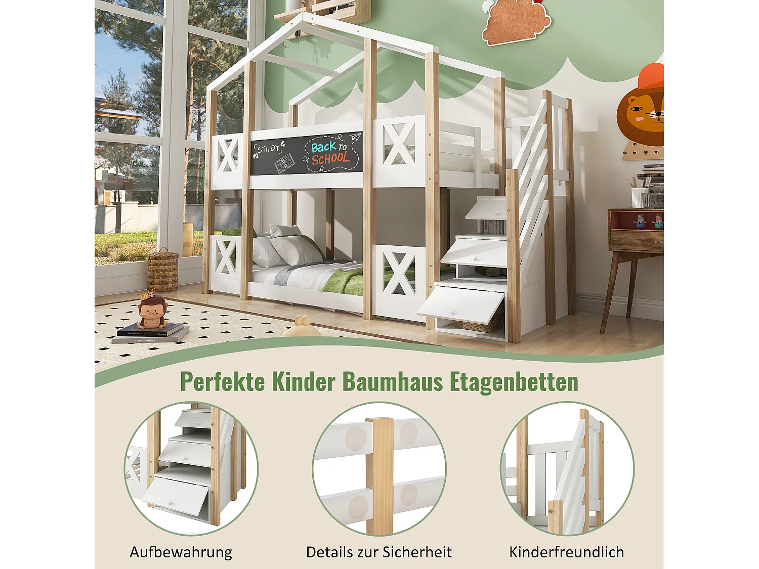 Kinderhuisbed 90x200 cm - Boomhuis met Schoolbord en Opbergruimte - Trap Met Kastjes Veiligheidsleuning - Hout - Wit+Lichtbruin - Zonder matras