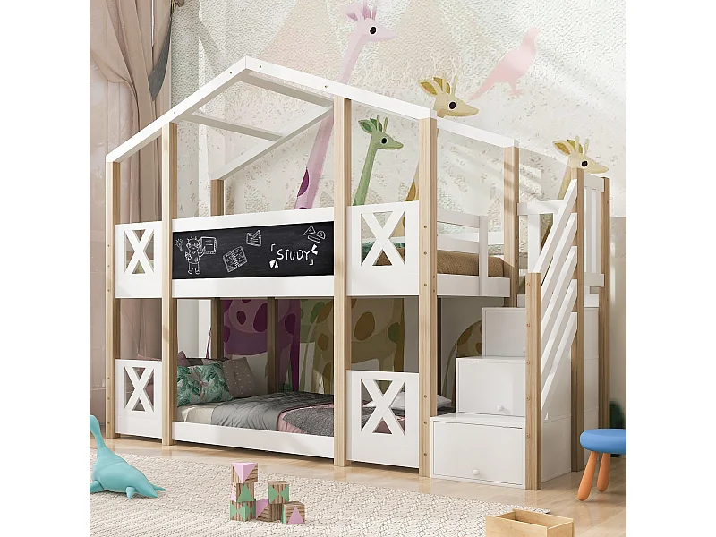 Lit superposé 90x200 cm, rangements, pin et panneaux de particules, blanc et naturel, sans matelas