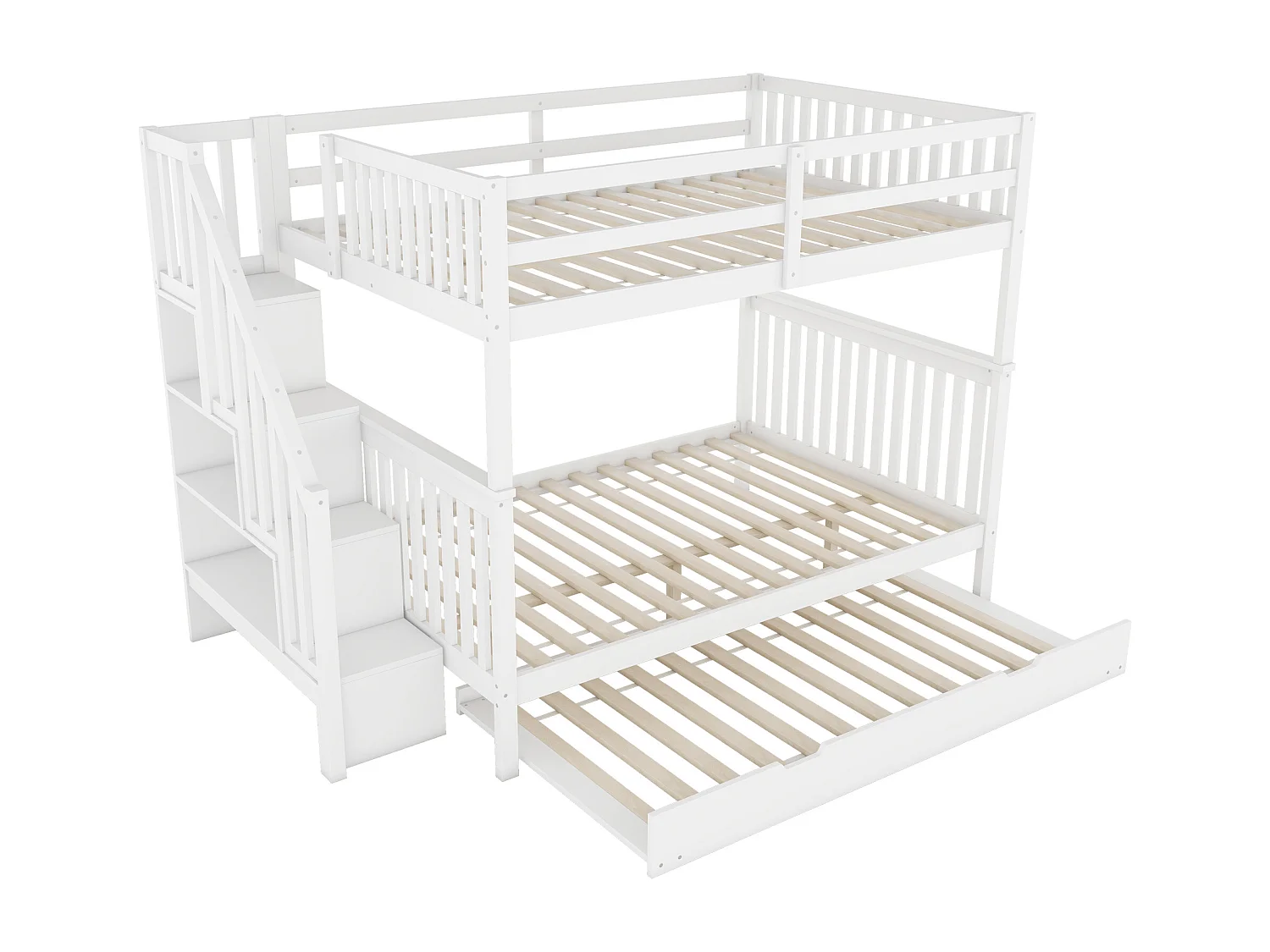 Lit superposé lit gigogne 140x200 cm, echelle de rangement, certifiée EN747, pin blanc, sans matelas