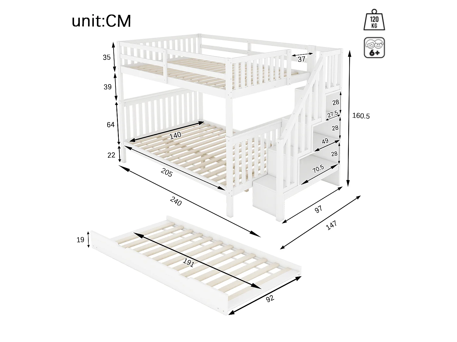 Stapelbed 140x200 cm - Met Uittrekbaar Rollend Bed - Trap Met Opbergrekken - Geschikt Voor Kinderen Vanaf 6 Jaar - Grenen/MDF - Zonder matras - Wit