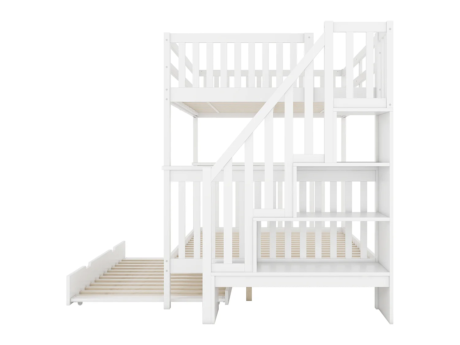 Stapelbed 140x200 cm - Met Uittrekbaar Rollend Bed - Trap Met Opbergrekken - Geschikt Voor Kinderen Vanaf 6 Jaar - Grenen/MDF - Zonder matras - Wit