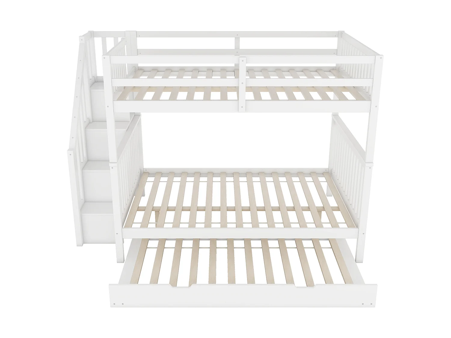Stapelbed 140x200 cm - Met Uittrekbaar Rollend Bed - Trap Met Opbergrekken - Geschikt Voor Kinderen Vanaf 6 Jaar - Grenen/MDF - Zonder matras - Wit