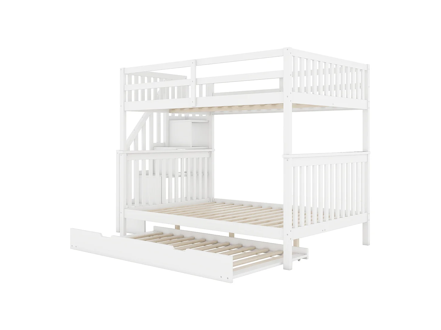 Stapelbed 140x200 cm - Met Uittrekbaar Rollend Bed - Trap Met Opbergrekken - Geschikt Voor Kinderen Vanaf 6 Jaar - Grenen/MDF - Zonder matras - Wit