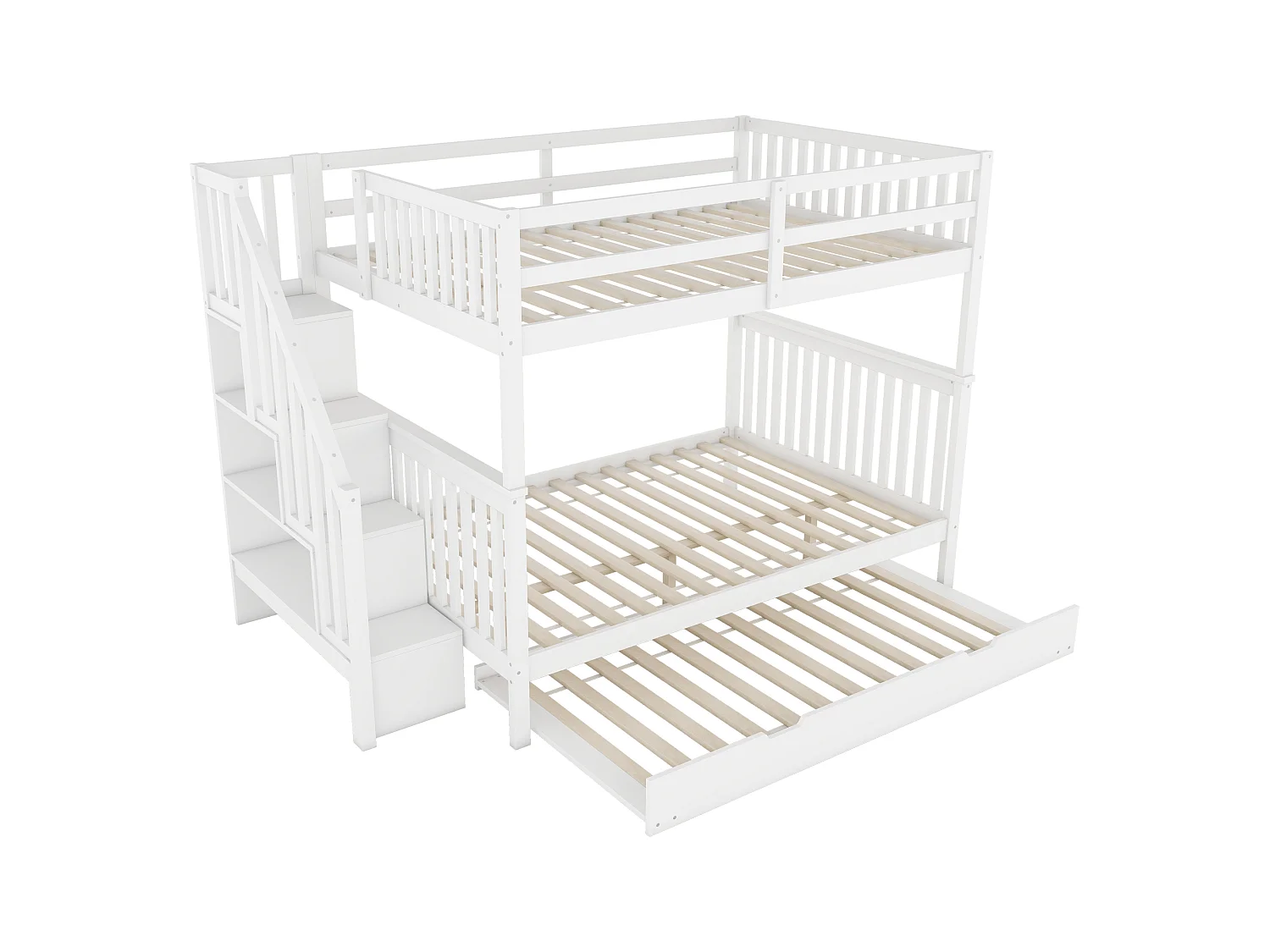 Stapelbed 140x200 cm - Met Uittrekbaar Rollend Bed - Trap Met Opbergrekken - Geschikt Voor Kinderen Vanaf 6 Jaar - Grenen/MDF - Zonder matras - Wit