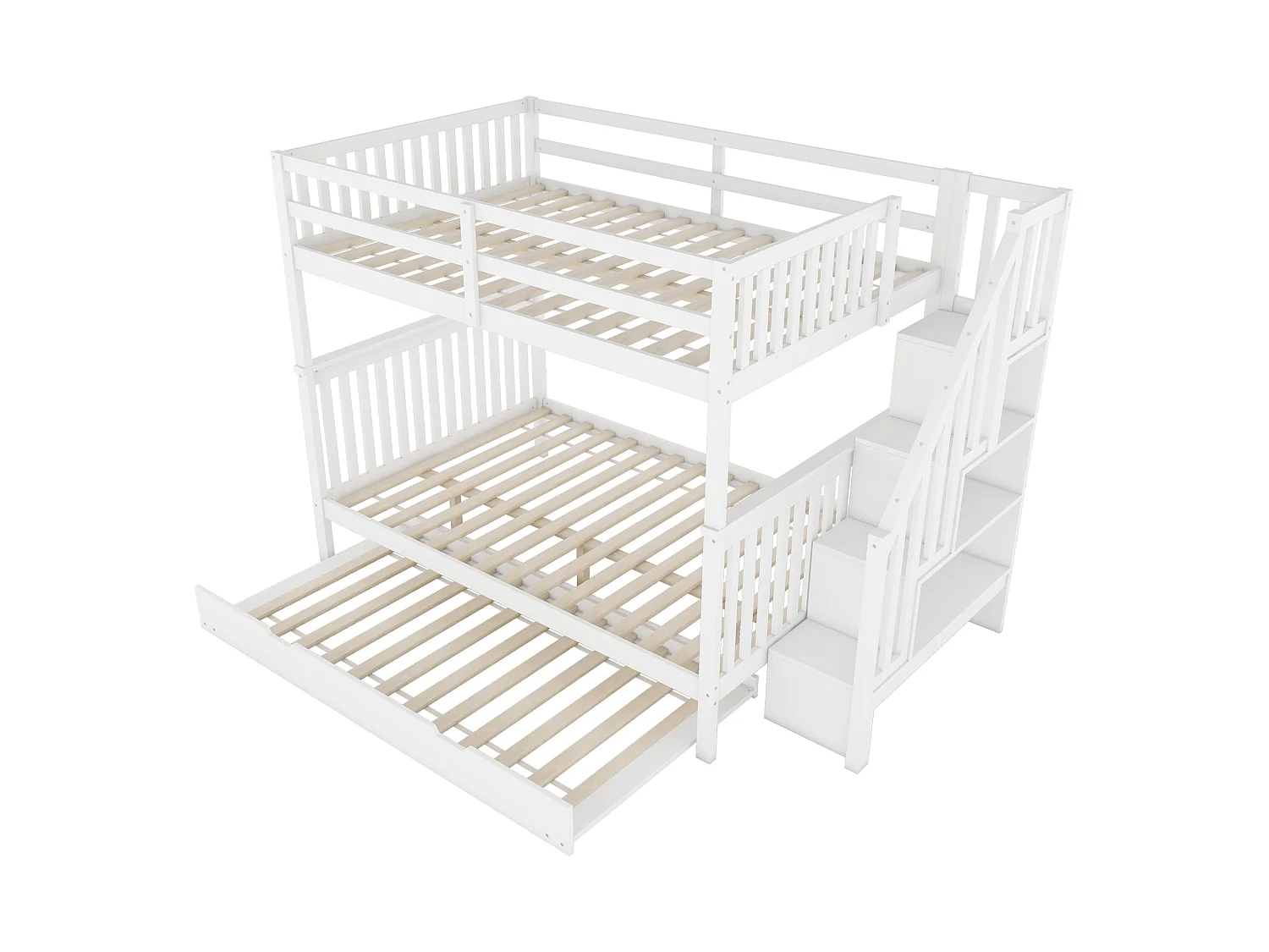 Stapelbed 140x200 cm - Met Uittrekbaar Rollend Bed - Trap Met Opbergrekken - Geschikt Voor Kinderen Vanaf 6 Jaar - Grenen/MDF - Zonder matras - Wit