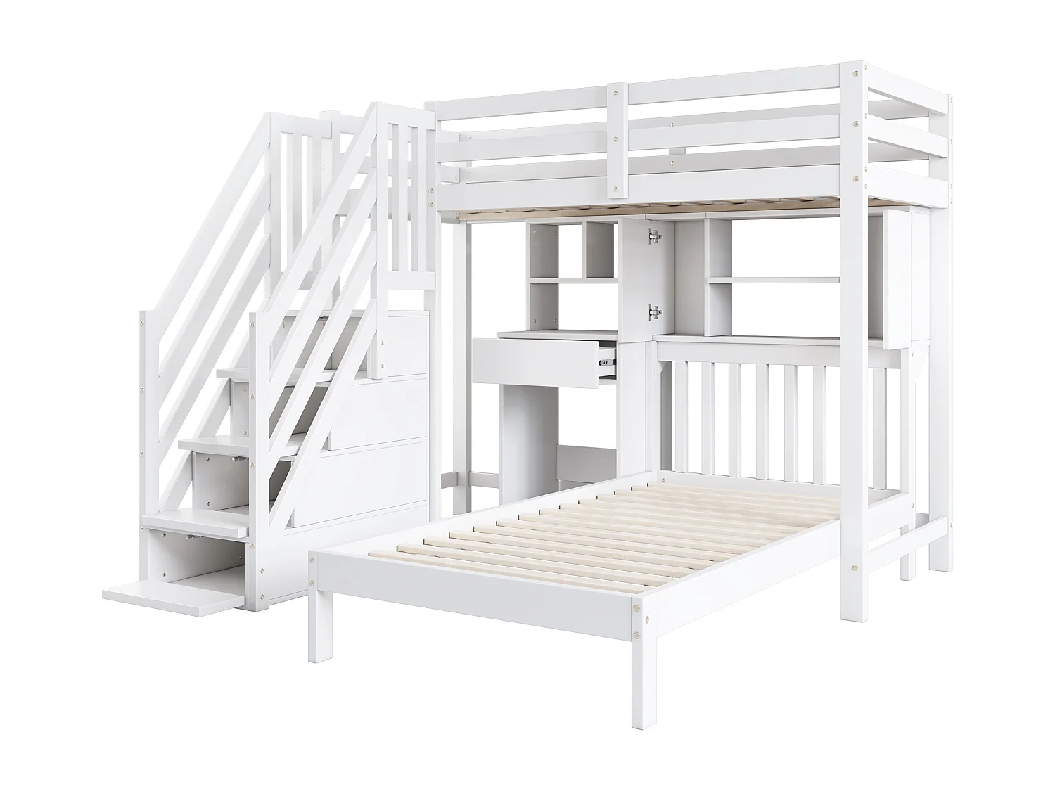 Lit superposés 90 x 200 cm - Avec Bureau Et Rangements, Échelle Sécurisée - En Pin, Sommier Inclus, Blanc - Sans matelas