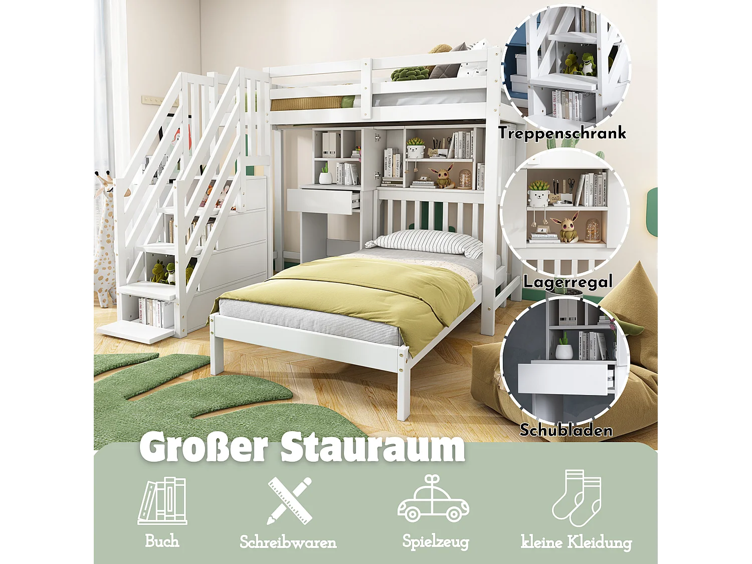 Lit superposés 90 x 200 cm - Avec Bureau Et Rangements, Échelle Sécurisée - En Pin, Sommier Inclus, Blanc - Sans matelas