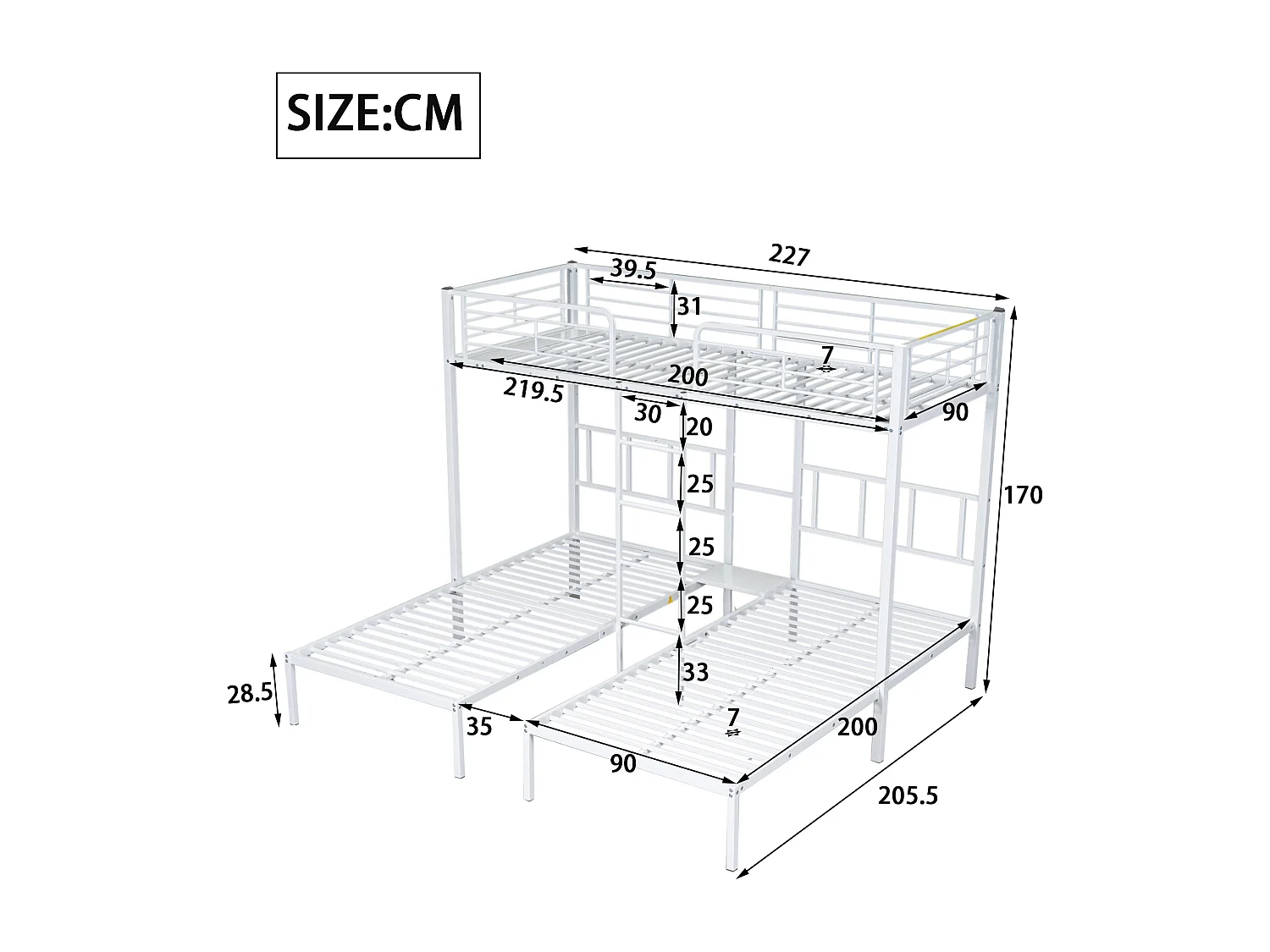 Lit superposé triple pour enfants, 90x200 cm, avec échelle et protection, en métal blanc, sans matelas