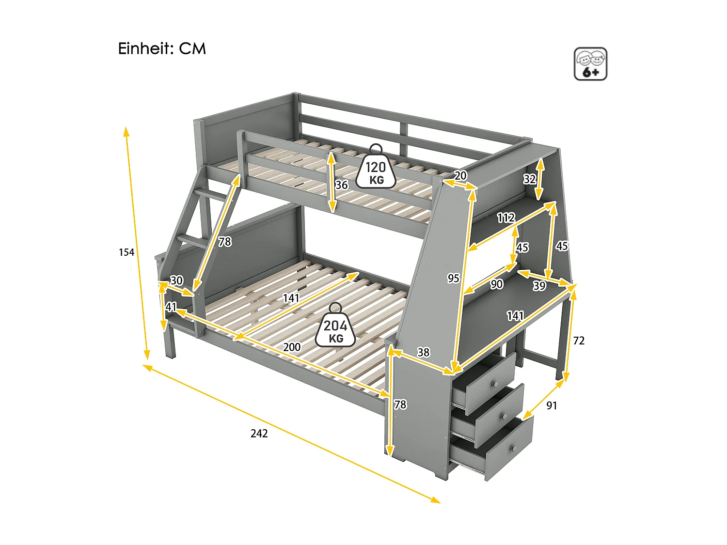 Lit superposé enfant 90/140x200 cm avec rangements et bureau, garde-corps, Pin et MDF, gris, sans matelas