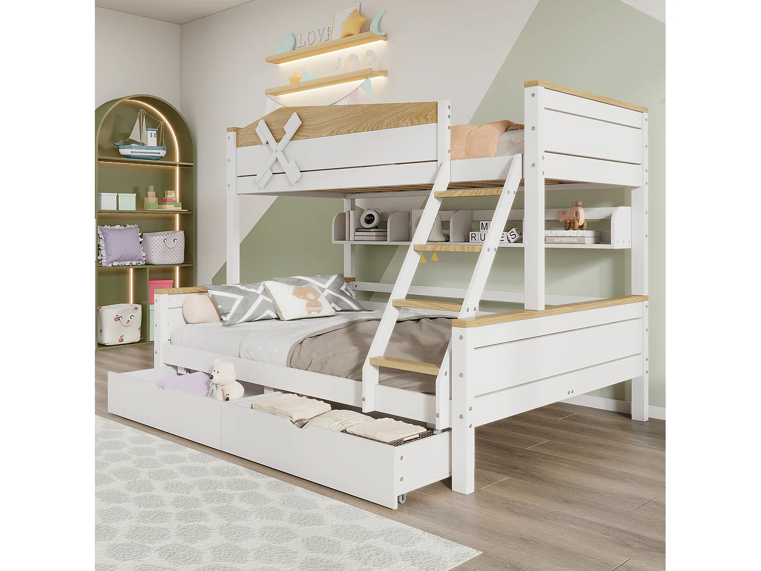 Lit superposé 90/140x200 cm, barrière de sécurité, rangement, pin et MDF, blanc et naturel, sans matelas