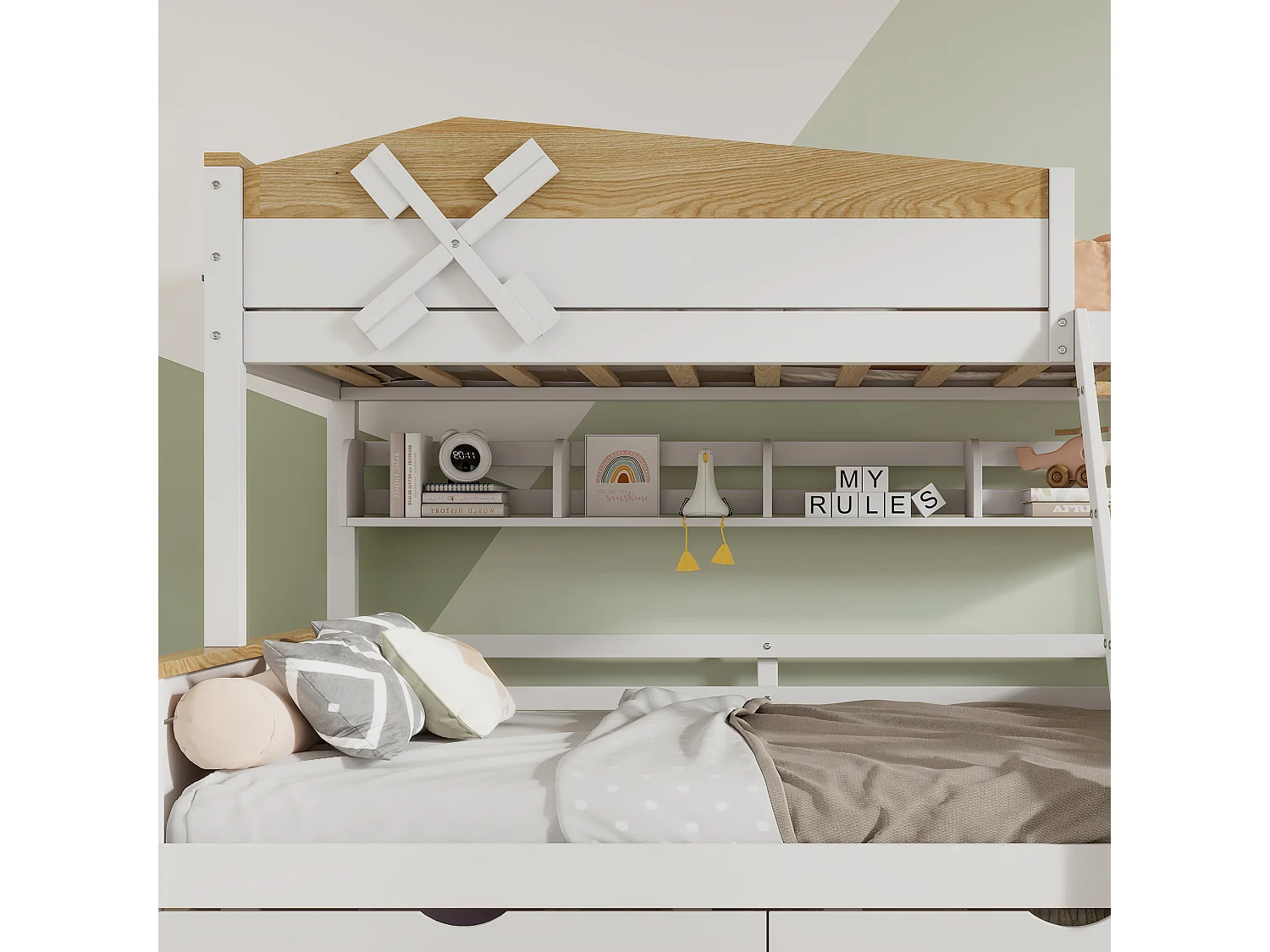 Lit superposé 90/140x200 cm, barrière de sécurité, rangement, pin et MDF, blanc et naturel, sans matelas