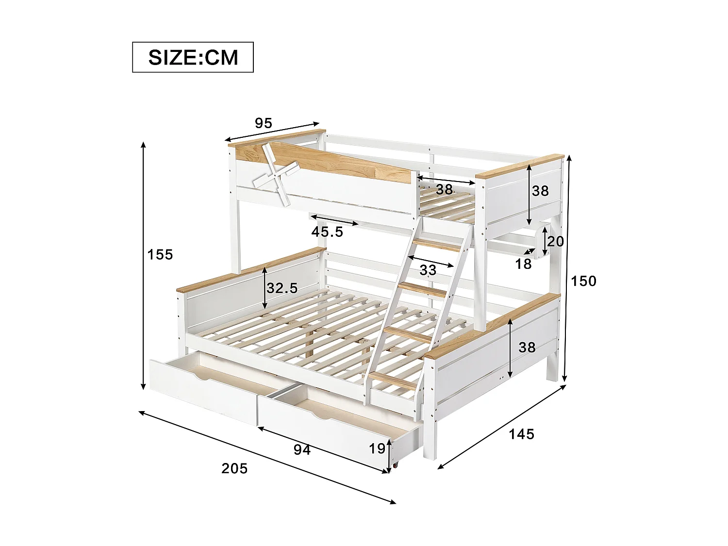 Lit superposé 90/140x200 cm, barrière de sécurité, rangement, pin et MDF, blanc et naturel, sans matelas